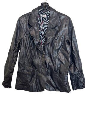 D&Co Womens Black Genuine Leather Blazer Jacket XL Zebra